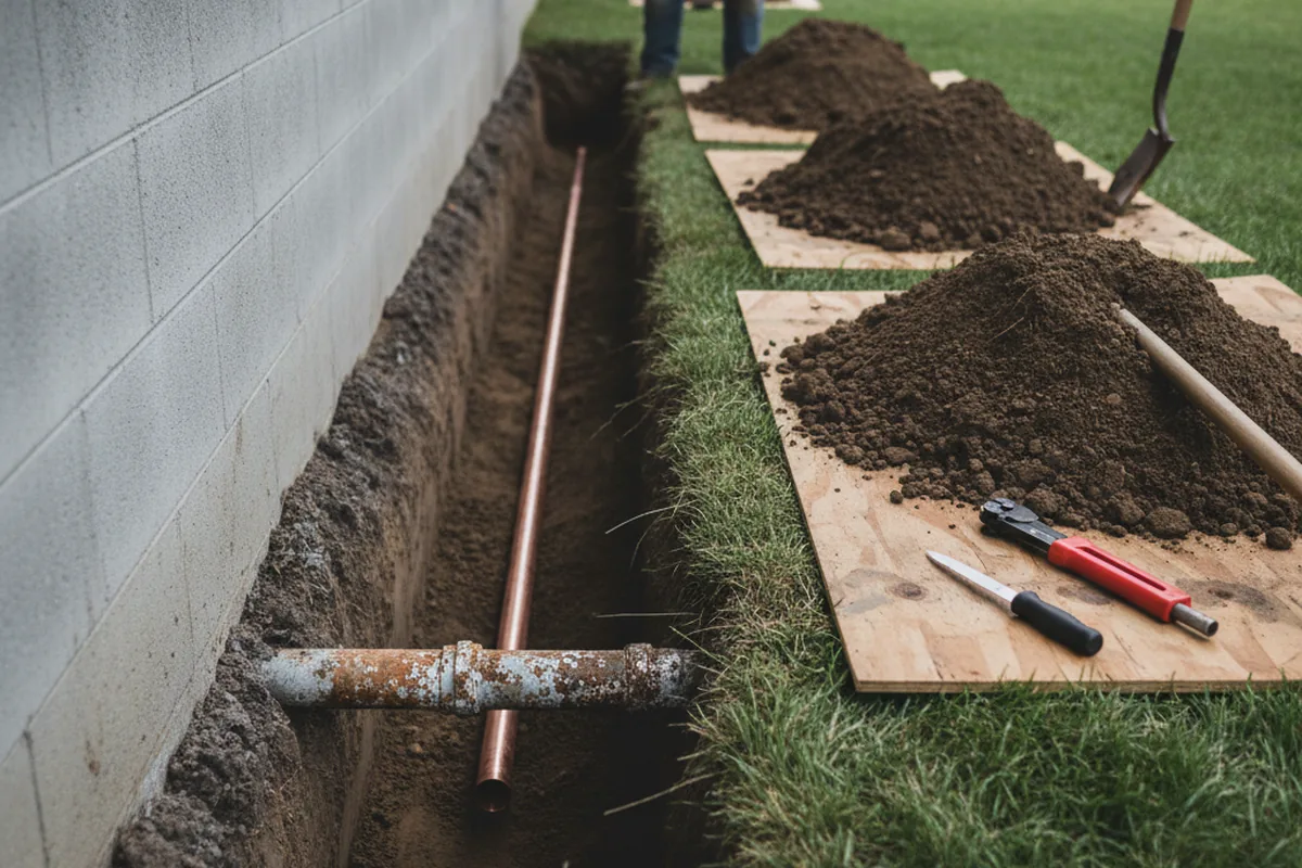 Excavated water line trench during Sewer Line Repair in Church Hill